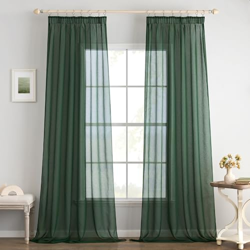 EMEMA 2er Set Sheer Voile Vorhang mit Kräuselband Transparente Gardine aus Voile Polyester Transparent Wohnzimmer Luftig Dekoschal für Schlafzimmer 140 X 260 cm (B x H) Dunkelgrün
