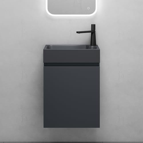 Mai & Mai Badmöbelset Waschtisch mit Unterschrank Anthrazit Matt | Badezimmermöbel 46x26x63cm für Gäste WC, inkl. Waschbecken aus Mineralguss in Anthrazit Matt Pisa02