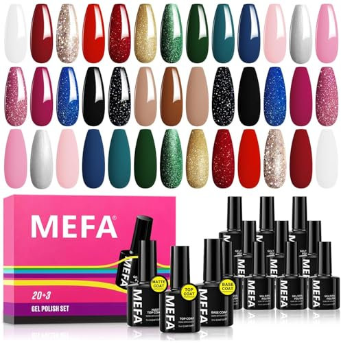 MEFA Glitter Gel Nail Polish Set 23 Pcs, 20 Colors Christmas Green Burgundy Gold Silver Red Soak Off Nail Polish with Glossy & Matte Top and Base Coat Nail Art Kit Design Manicure Gifts
