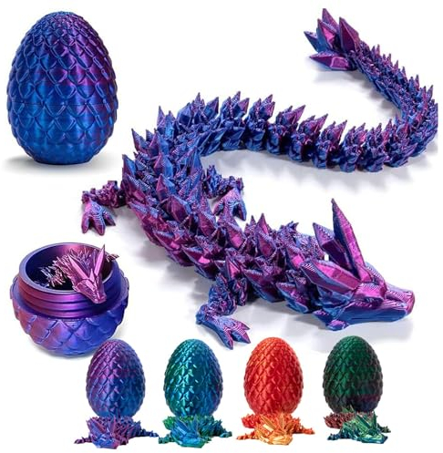 3D Printed Dragon in Egg - Dragon Egg - Fully Articulated Crystal Dragon with Egg - Flexible Joints for Home Office Decor and Executive Desk Toys (Laser Violet)