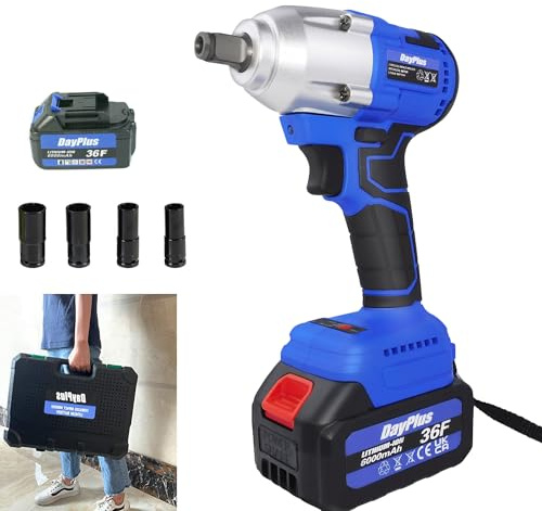 DayPlus 18V Akku-Schlagschrauber 1/2 Zoll Set mit 2 x 6.0Ah Akku, 420Nm Hochdrehmoment, Schlagschrauber Nüsse 4 Stecknüsse, 14/17/19/22mm, 2-Gang Einstellbar Drehschlagschrauber mit Koffer, Blau