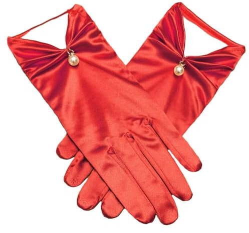 ihreesy Kurze Satinhandschuhe, 22cm Hochzeitshandschuhe Opernhandschuhe 1920er Jahre Perlenhandschuhe Blumenhandgelenk Spitzenhandschuhe Damen Handgelenk für Frauen und Mädchen,Rot