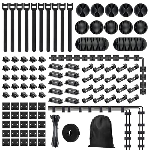 xyuayamz 204 Pezzi Kit di Organizzatore, Organizer Cavi con 10 Tipi, 1 Borsa, 100 Fascette Plastica, 10 Nylon Fascette, 92 Supporto Autoadesivo Fermacavi, Adatto per Tutti i Cavi Eelettrici, Rete, TV