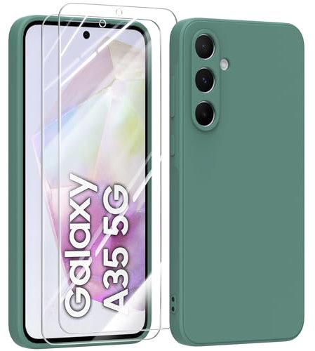 MIKULLE Funda para Samsung Galaxy A35 5G con Cristal Templado Protector de Pantalla,Ultra Slim Protectora Anti-Choques Carcasa de Silicona Líquida TPU Suave Case Cover - Verde Oscuro