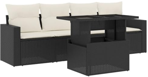 vidaXL Garten Sofa Garnitur 5-TLG., Gartenmöbel Set mit Kissen Modular, Lounge Sitzgruppe für Garten Terrasse, Gartentisch Verstellbare Tischplatte, Schwarz Poly Rattan
