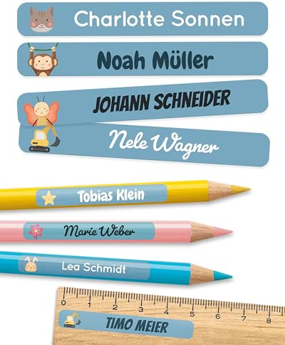 melu kids® Namensaufkleber Kinder für Schule & Kita (225 Stück) - Personalisierte Aufkleber mit Namen für Stifte und alle Schulsachen - Wasserfest in Spülmaschine (Blau)