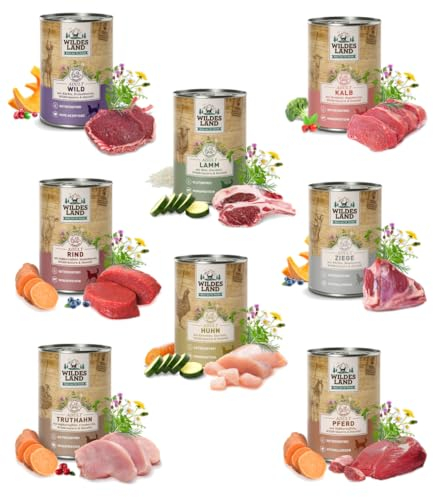 Wildes Land Classic Hundefutter 12 x 400g Mix | garantierter 6 Sorten Mix | Getreide- und Glutenfreies Nassfutter für Hunde | mit Extra viel Fleisch und wertvollen Kräutern