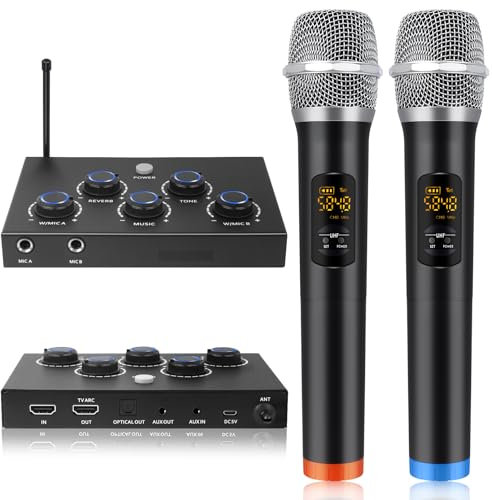 Wireless Karaoke System, Portable Karaoke Microphone Mixer with 16 Channels UHF Wireless, Optical AUX Microphone Speaker for Smart TV, PC, Amplifier, Speaker, KTV