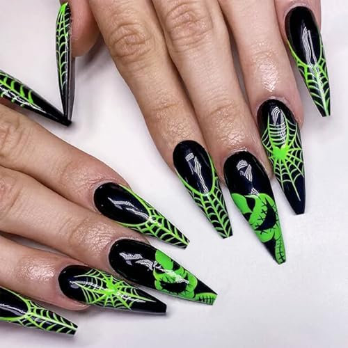 NICENEEDED 24Pcs Halloween Press on Nails, Medium Almond Fake Nails with Green Ghost and Spider Web Design, Reusable Full Cover False Nails for Women DIY Manicure Art Decorations