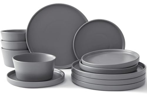 UMINEUX Ceramic Dinnerware Set for 4, 12-Piece Plates and Bowls Set for Kitchen and Dining, Modern Dishes Set, Dishwasher & Microwave Safe, Gray