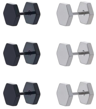 Hobbspring 6 orecchini a perno in acciaio al titanio, 2 colori, con retro piatto, orecchini a vite per cartilagine, orecchini punk a perno esagonali, per uomini e donne, Acciaio al titanio