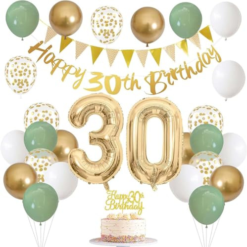 30th Birthday Decorations for Women Men - Happy Banner With Foil Balloon, Sage Green White Gold Balloons for Party Decoration