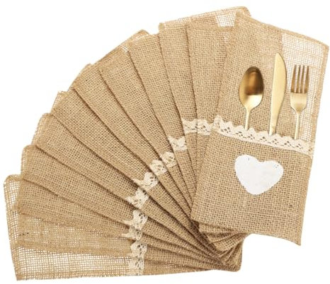 sourcing map 12Pcs Burlap Lace Utensil Holders, 4 x 8 Cutlery Pouch Silverware Holder Natural Jute Pouch Bag Burlap Napkin Bag for Table Setting Party Wedding Decoration