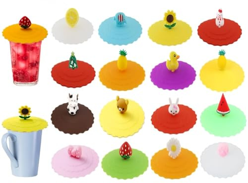 Abiyou 16 Pièces Couvercle Tasse Silicone, Silicone Joint Couvercle, Couvercles en Silicone pour Tasses, Couvercles Tasse Anti Poussière, Couvercle de Tasse Coloré, pour Café, Maison, Extérieur