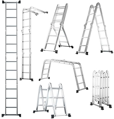 HOMFME 3.7M/12FT Folding Ladder, 7 in 1 Heavy Duty Aluminium Telescopic Ladder with Locking Hinges and Stabilizer Bars, Portable Multi-purpose Extension Combination Step Ladder, 150KG Load Capacity