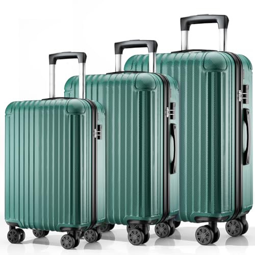 ABISTAB Reisekoffer Set 3-teilig, Hartschalen Koffer & Trolleys mit 4 Rollen, Zahlenschloss, Handgepäck & große Koffer, Dunkelgrün