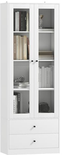 HOMCOM Aparador de Cocina Multiusos con Armario y 2 Cajones, Mueble de Salón y Sala de Estar con Puertas con Bisagras de Cristal Acolchado y Estantes Ajustables, 59x30x164 cm, Blanco