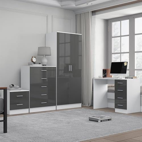 Reflect 2 Door Plain Wardrobe, 5 Drawer Tallboy Chest, 2 Drawer Bedside Table & Desk/Dressing Table | Grey Gloss & Matt White Finish | Modern Bedroom Furniture Set
