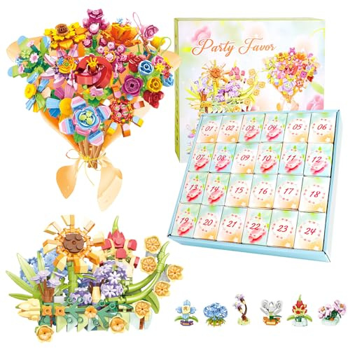 Calendario dell'avvento 2025, Calendario Avvento Ragazza Confezione da 24 Blocchi di Costruzione di Succulenti e Bouquet per Bambina Bambino, Riutilizzabile Regali Natale per Bambini Bimba Ragazzo