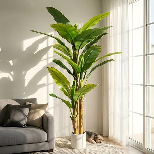 Pianta artificiale di banano, alta 2,1 m, pianta tropicale finta con foglie grandi, decorazione per interni ed esterni