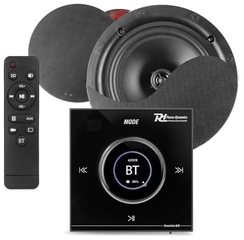 Powerline B50B Bluetooth Ceiling Speaker Kit with LCD Wall Amplifier, 2x 8 Black Low Profile Ceiling Speakers, Speaker Cable, Home Audio System