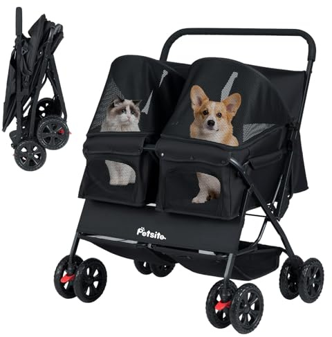 FANTASK 3 in 1 Hundewagen, Hundebox Tragetasche bis 15 kg mit verstellbarem Netzdach & Korb & Getränkehalter, Haustier Buggy klappbar, Hundebuggy für 2 Hunde Katzen Haustiere (Schwarz)