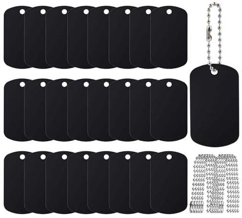 25 Stück Aluminiumgravur Rohlinge 5 × 3 cm, Schwarz mit Löchern Stanzen Rohlinge Hundemarken, Beidseitig Gravierbar Stanzrohlinge Aluminium mit 10 Aufhängeketten, Diy-Haustiere Id-Marken, Dog Tag