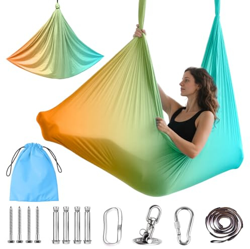 Aerial Yogatuch 280x150cm Yoga-Set für Erwachsene, 200 kg Belastung | Yoga Hängematte zum Aufhängen Aerial Yogas Set für Innen & Außen, inkl. Installationshardware für Fitness（OrangeGrün)