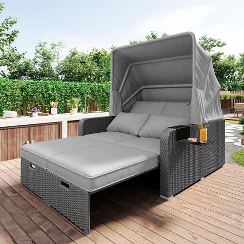 Huayz Muebles de jardín de polirratán para 2 personas, sofá de salón con toldo extraíble, sofá convertible en cama, para playa, jardín, fácil de montar (gris)