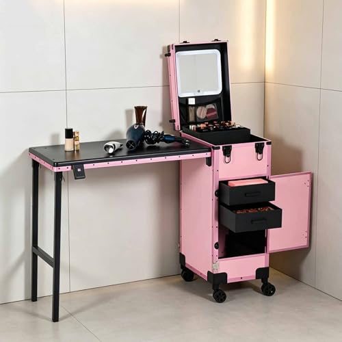 Rollbarer Make-up-Koffer auf Rollen, tragbarer Nageltisch für Nageldesigner, mobiler Manikürtisch mit Griff und LED-Spiegel, Nagelarbeitsplatz für Schönheitssalons (Pink)