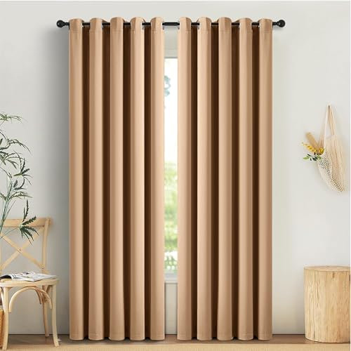 AMEHA Blackout Eyelet Curtains for Living Room Beige Curtains Bedroom 90x90 Inch Soft Luxury Window Curtain with Tiebacks 2 Panels