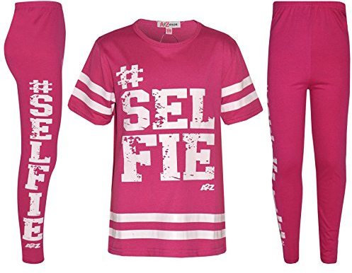 A2Z 4 Kids Girls Top Kids Designer's #Selfie T Shirt Top & Legging Set - Pink - 9-10 Years