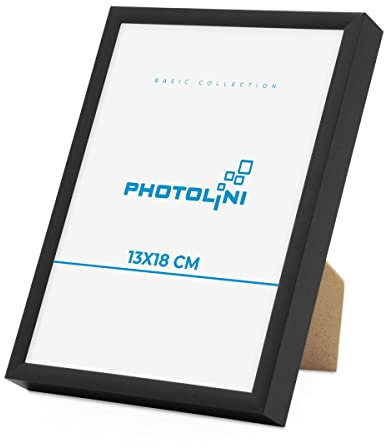 PHOTOLINI Alu-Bilderrahmen 13x18 cm Schwarz schmal, Metall-Rahmen aus Aluminium, bruchsicheres Acrylglas, zum Aufhängen & Aufstellen, extra Zubehör, modernes Design für Poster & Fotos