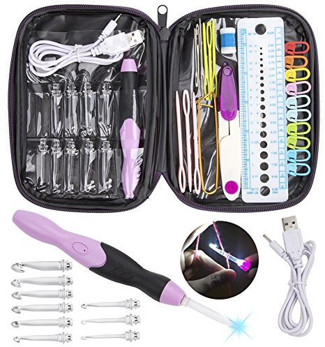 Feelava LED Leuchten Häkelnadeln Set, Beleuchtete Häkelnadel mit Organizer Case & Wiederaufladbare Batterien, 9 Austauschbare Köpfe 2.5mm bis 6.5mm, LED Lite Haken Stricknadeln Weave Nähen(Lila)