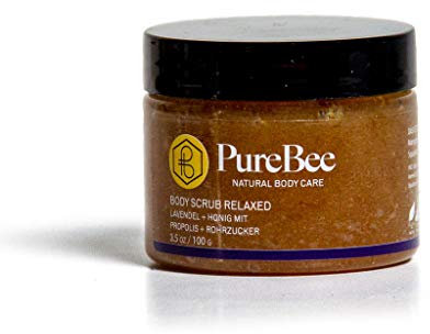 Lavendel Körperpeeling mit Bienenwachs, Propolis & Honig | Hi, I'm Relaxed! | 2-in-1 Body Scrub: Reinigung + Body Lotion | Handgemacht in Baden-Württemberg | PureBee (Lavendel, 100g Tiegel)
