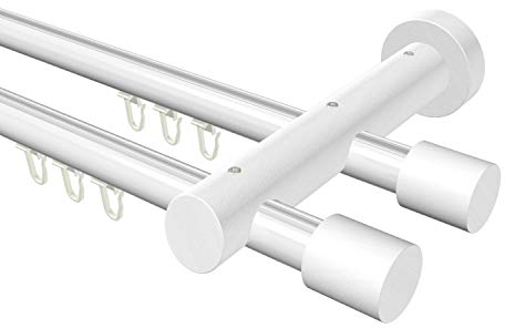 Flairdeco Innenlauf-Gardinenstange 20 mm Ø, 2-läufig, Typ Kappe, Alu/Holz, Weiß, 200 cm
