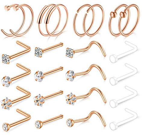 AceFun Nose Rings Coloured Nose Hoops 24PCS 20G 316L Surgical Stainless Steel Body Jewelry Piercing Nose Ring Studs Rose Gold
