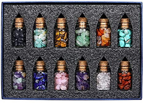 Jovivi 12 Stück Mini Glas Wunschflaschen Edelstein Kristall Feng Shui Dekoration Healing Reiki Trommelsteine Glasflaschen mit Box
