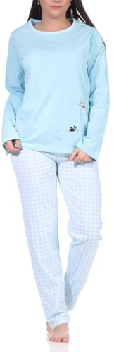 Damen Langarm Schlafanzug Pyjama mit süssen Katzen Motiv und Karierter Jersey Hose