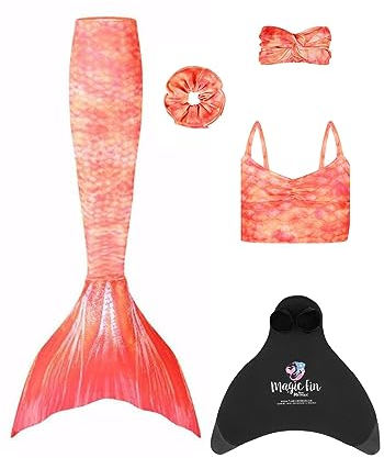 Planet Mermaid Kids Exklusives 5-teiliges Set Meerjungfrauenschwanz Badeanzug für Mädchen inkl. Schwimmhilfe Magic Fin, Schwanz, Tankinioberteil und Haarschmuck