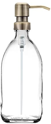 Clear Glass Bottles 500ml Soap Dispenser with Metal Pump (BPA-Free) Clear Flint Glass Empty Soap Dispensers – Reusable Refillable Eco friendly, Sustainable Living/Gift (Antique Brass Style, 1)