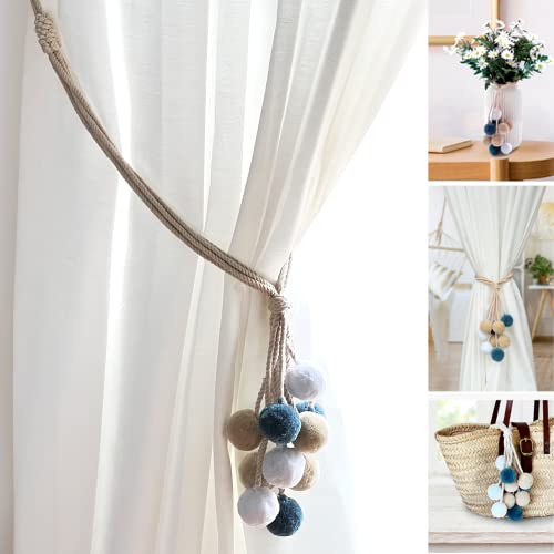 Blau Marité Set de 2 Abrazaderas de Cortina realizadas con Cuerdas de algodón y Pompones de Colores. Alzapaños de Cortina. Decoración Pompones. (Gris)
