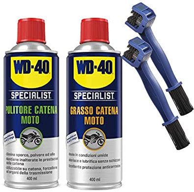 StickerLab WD-40 Specialist Moto - Wartungs-Set für Motorradketten mit 1 x Kettenreiniger 400 ml, 1 x Kettenfett 400 ml und 2 x Kettenbürste