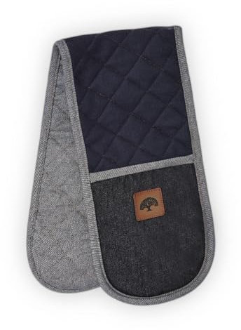 BO877003 Barbary & Oak Denim Double Oven Glove with Leather Detail, Quilted Stitching, Blue
