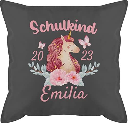 Kissen 50x50 - Einschulung - Schulkind Einhorn 2025 - 50 x 50 cm - Grau - mädchen geschenke schulanfang schulanfänger grundschule personalisiertes 1. schultag schul ich starte in die schule