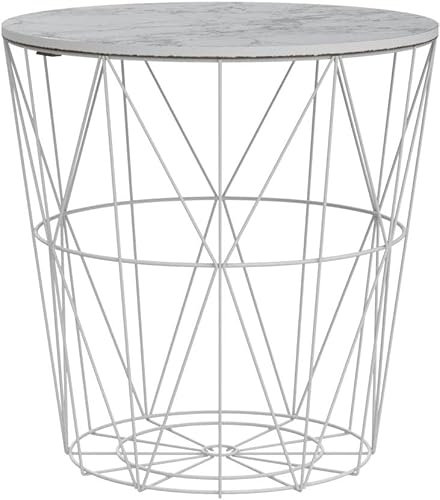 HOMION Round Side Table Wire Metal Storage Basket Modern Side Table Bedroom Balcony Corner Tea Table (White Marble Pattern Lid, Medium)
