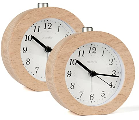Wecker Analog ohne Ticken, 2 Stück Wecker Holz mit Snooze, Wecker Batteriebetrieben,Retro Tischuhr mit Nachtlicht für Schlafzimmer, Nacht Kinder und Büro (1×AA-Batterie erforderlich)
