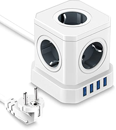 Multiprise Cube 5 Prises avec 4 USB Ports, 9-en-1 Rallonge Multiprise 2M, Charge Rapide 16A 4000W, Multi Bloc Prise pour PC/Téléphone/Ordinateur Portable/Haut-Parleur/TV, Blanc