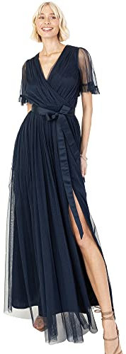 Anaya with Love Ladies Maxi Dress for Women V Neckline Short Sleeve Frilly Long Empire Waist for Wedding Guest Bridesmaid Maid of Honour Navy Blue Size 20