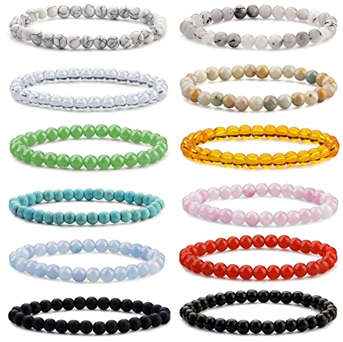 JeweBella 12Stück Natürliche Edelstein Armbänder Damen Herren Perlen Armbänder Rose Quartz Amethyst Tigerauge Obsidian Rotes Achat 6/8MM Lavastein Armband Paare Stretch Armbänder Set